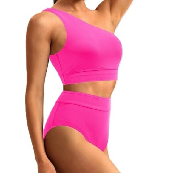 HOT PINK One Shoulder High Waisted Bikini 2 Piece Tummy Control NEW Womens Small - Picture 2 of 11